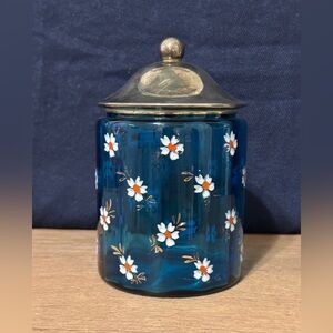 Vintage Blue Glass Daisy biscuit Jar with Metal Lid